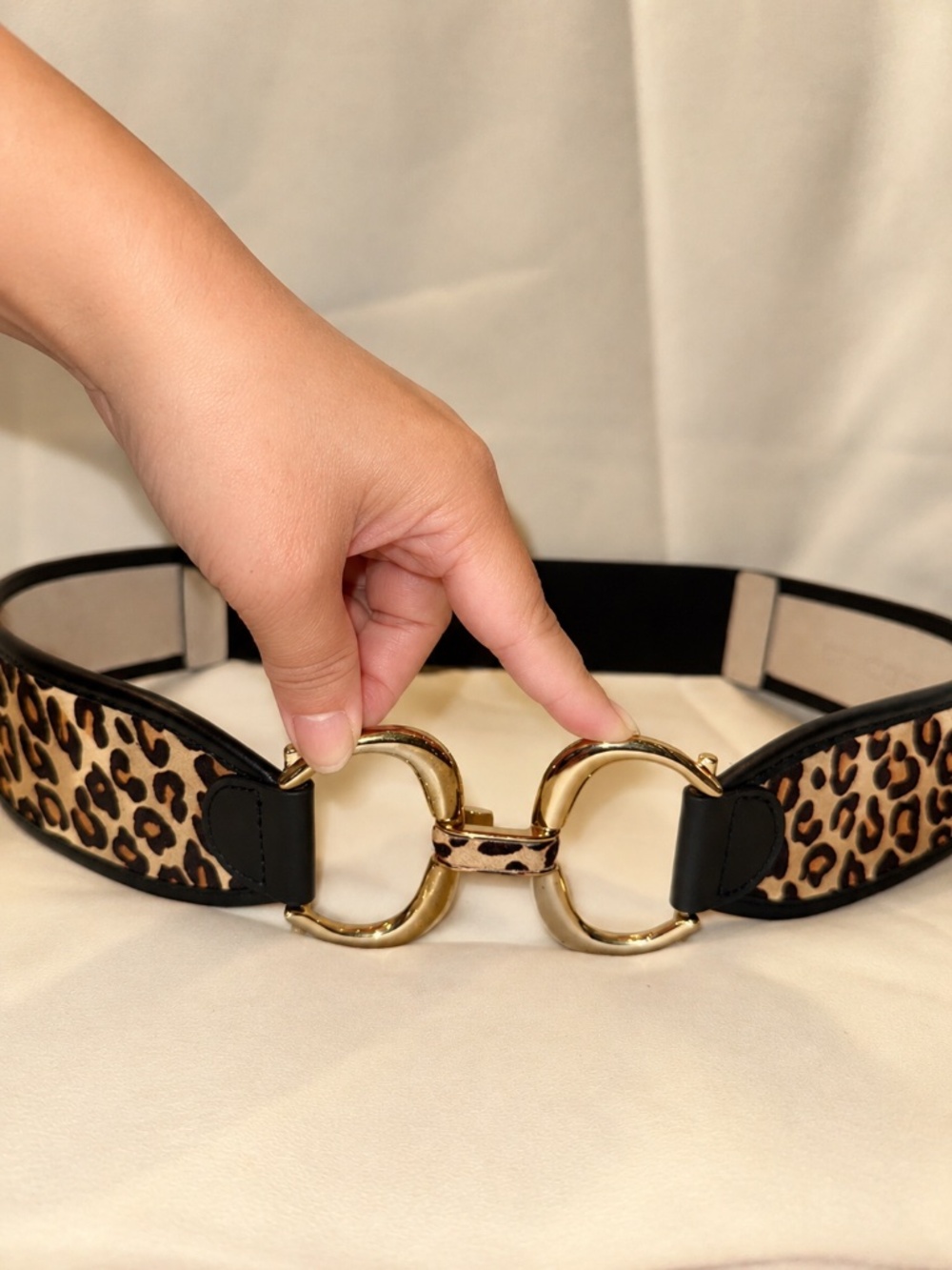 Chico's Leopard-Print Calf Leather Belt with Gold Double Ring Interlock Buckle S - Picture 3 of 9